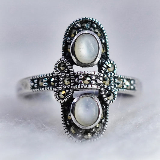 Size 9, Vintage Sterling 925 silver handmade ring with moonstone marcasite