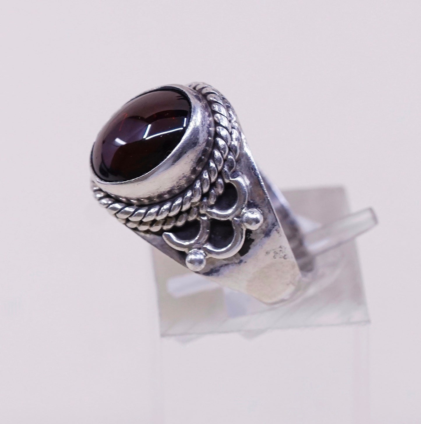 sz 6.25 vtg sterling silver handmade ring, Mexico 925 w/ carnelian n vine