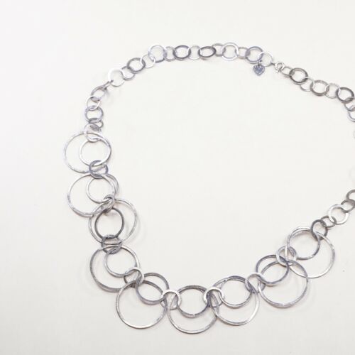 24”, Vtg Sterling Silver Necklace, Hammered 925 Circle Chain W/ Circle Pendant