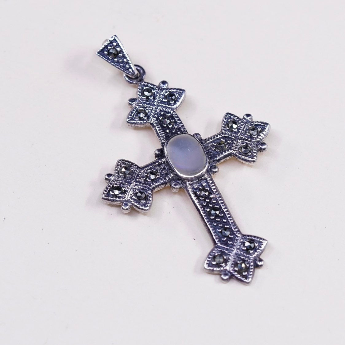 vtg handmade sterling silver cross, 925 with marcasite and mother of pearl