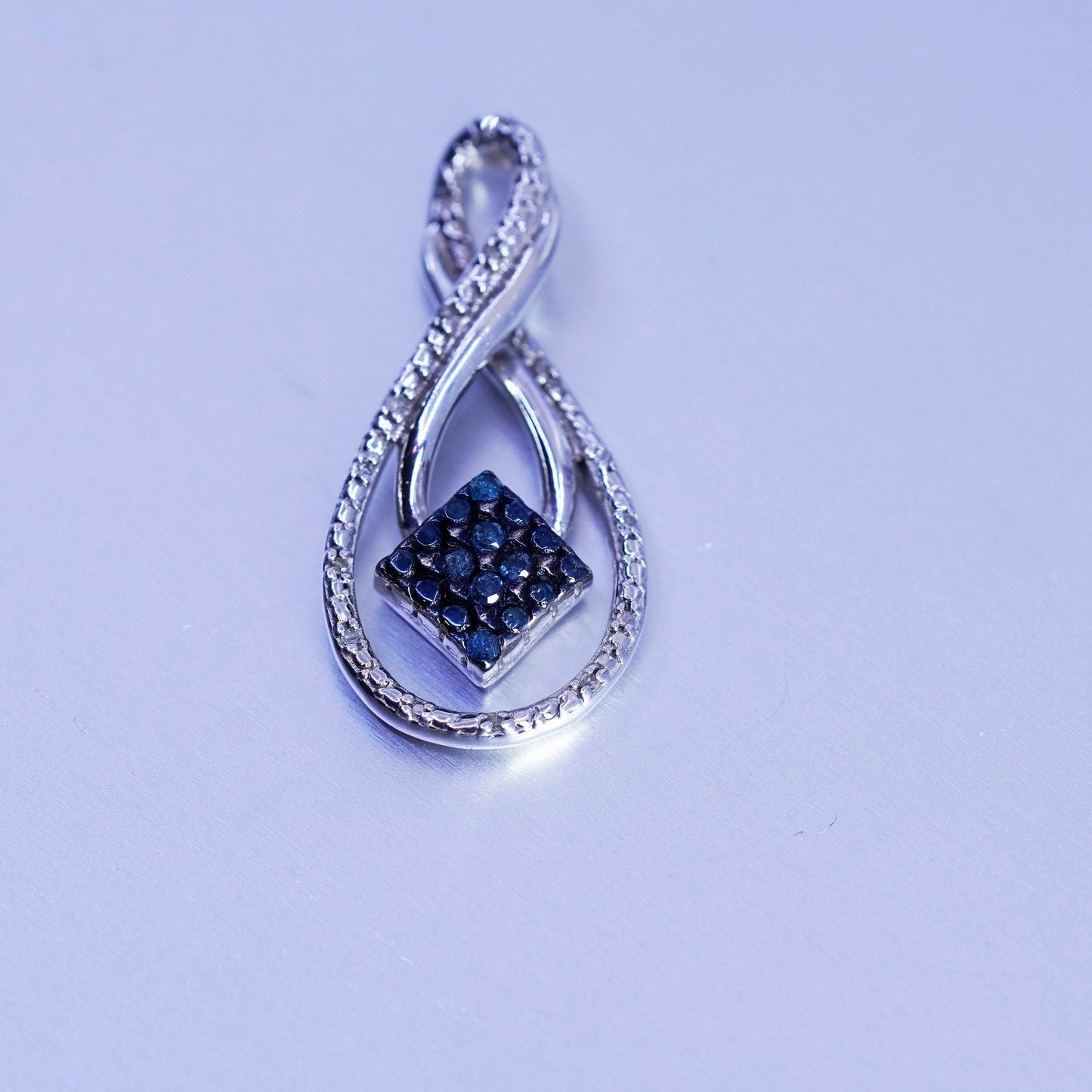 Vintage sterling 925 silver pendant, entwined teardrop with diamond