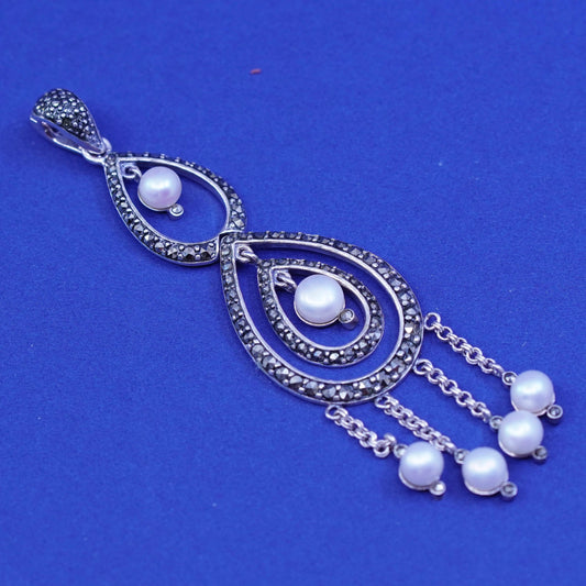 vtg Sterling silver handmade pendant, 925 teardrop with marcasite pearl fringe