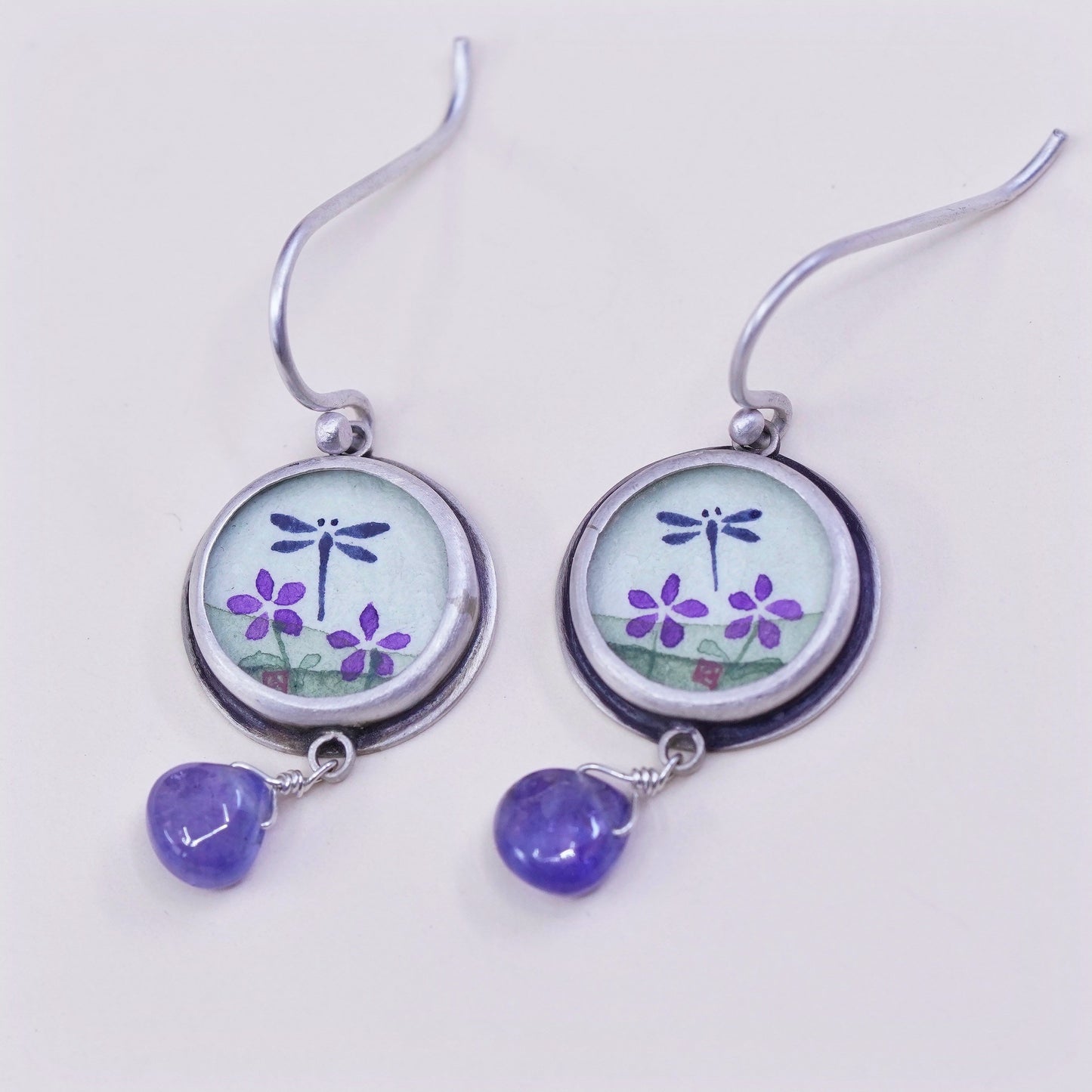 Designer Ananda KHALSA Sterling 925 silver handmade earrings, watercolor dragonfly with teardrop Iolite, stamped 925 A