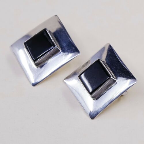 Vtg Mexico Square Sterling Silver Clip on Black Obsidian Earrings, Stamped 925