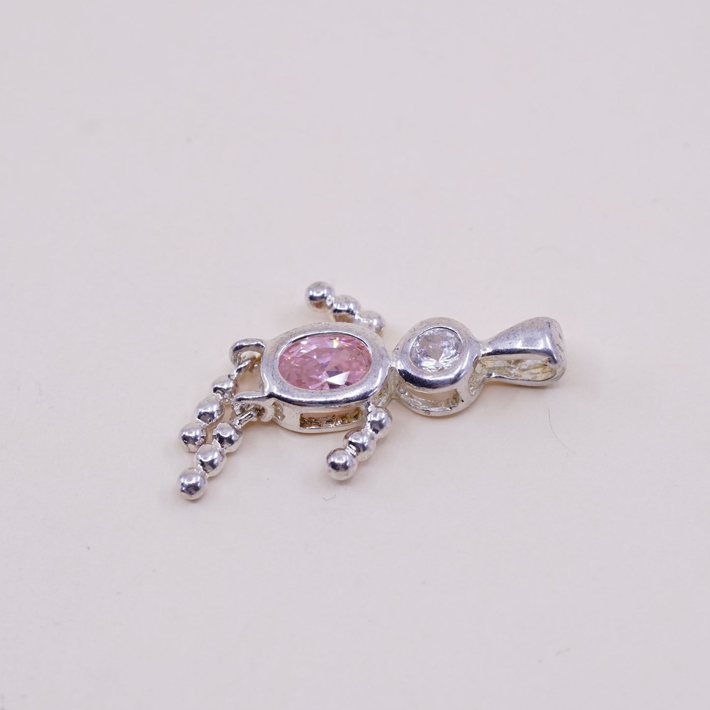 vtg sterling 925 silver birthstone handmade pendant w/ pink cz boy figure charm