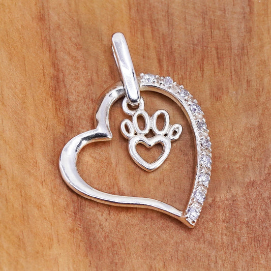 Vintage Sterling 925 silver handmade heart pendant with cz and paw charm