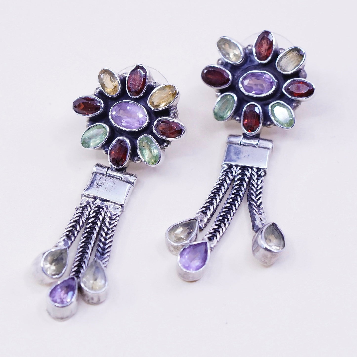 vtg sterling silver handmade earrings, 925 flower citrine ruby peridot amethyst