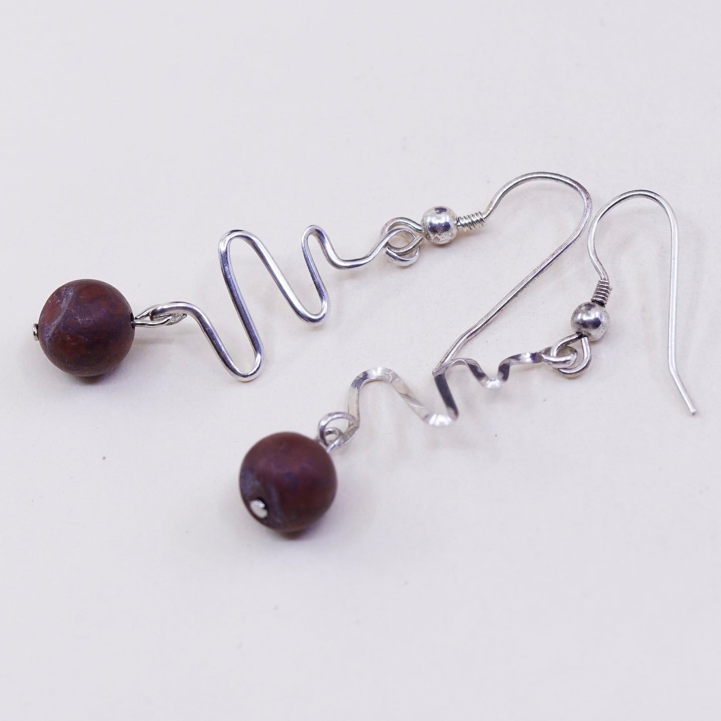 Vintage Sterling 925 silver handmade twisty earrings with red jasper beads