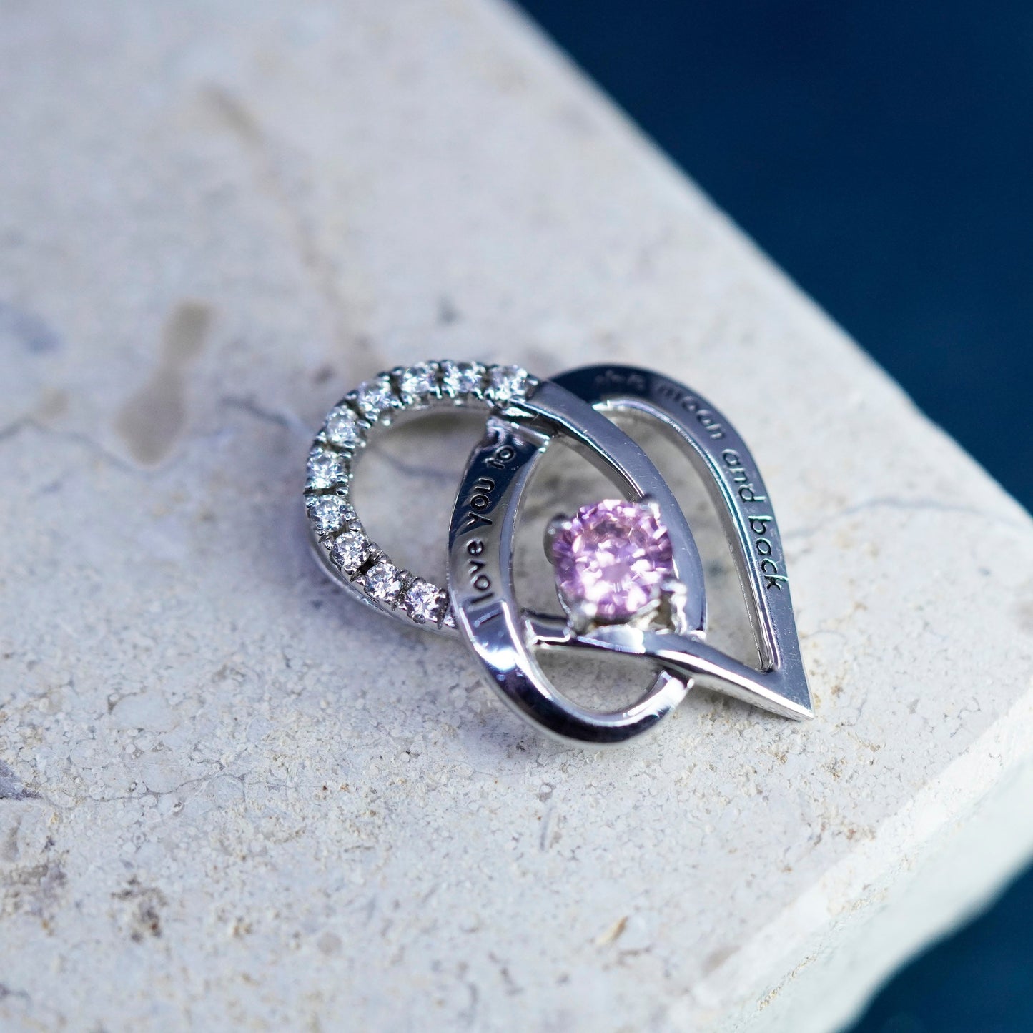 Sterling silver pendant, 925 heart with pink Cz and “I love you to the moon