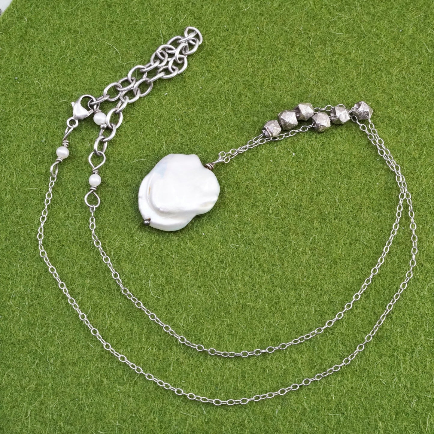 15+3”, vintage sterling 925 silver handmade necklace, circle chain coin pearl