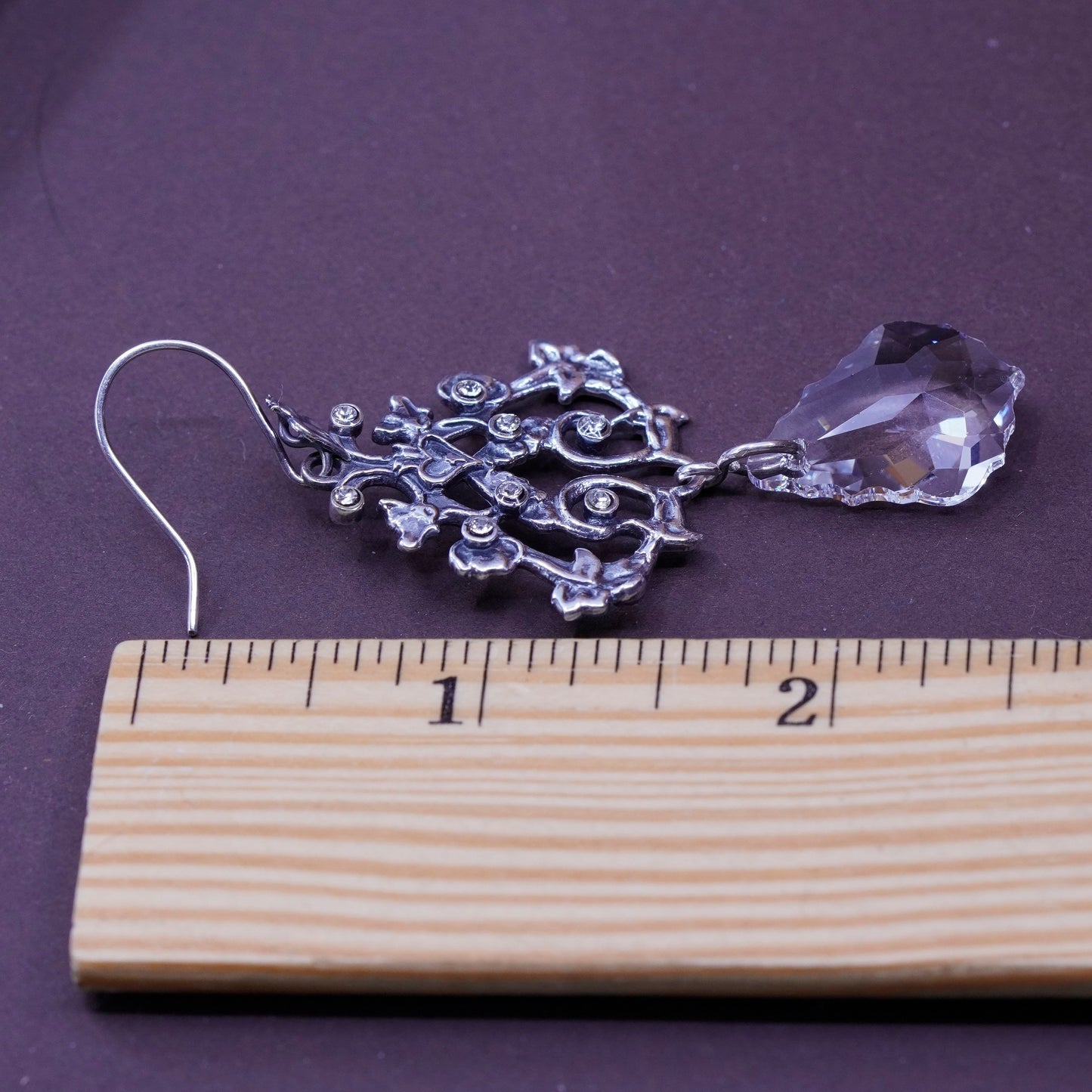 Vintage Sterling 925 silver handmade floral vine earrings with teardrop crystal