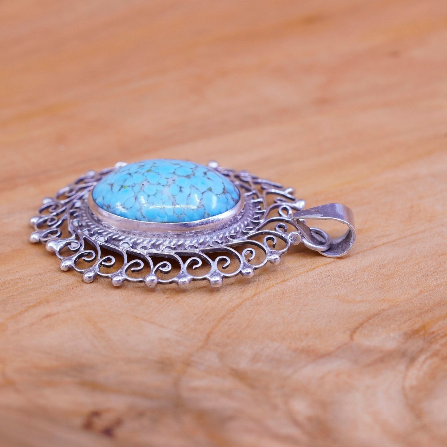 Sterling silver handmade pendant, bali style 925 filigree trim oval turquoise