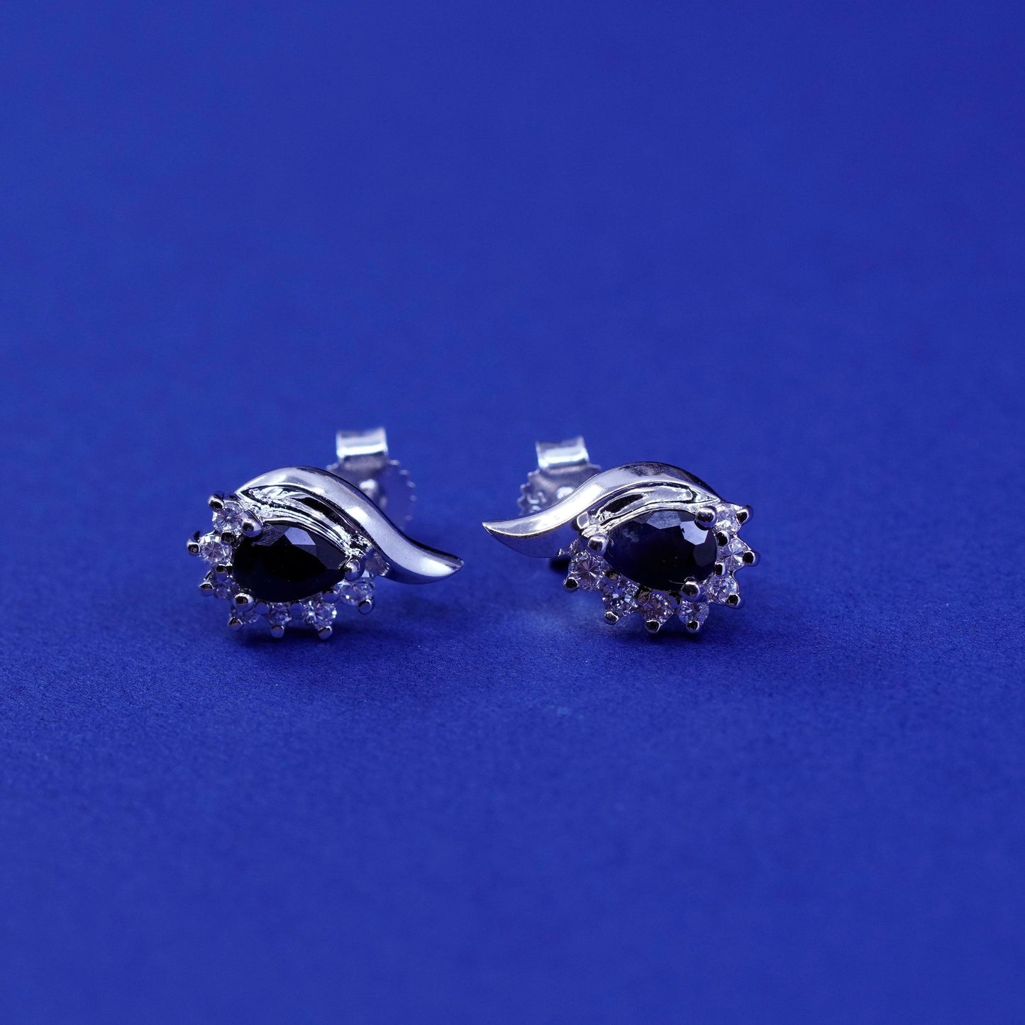 vtg sterling silver handmade earrings, 925 studs with cluster Cz and sapphire