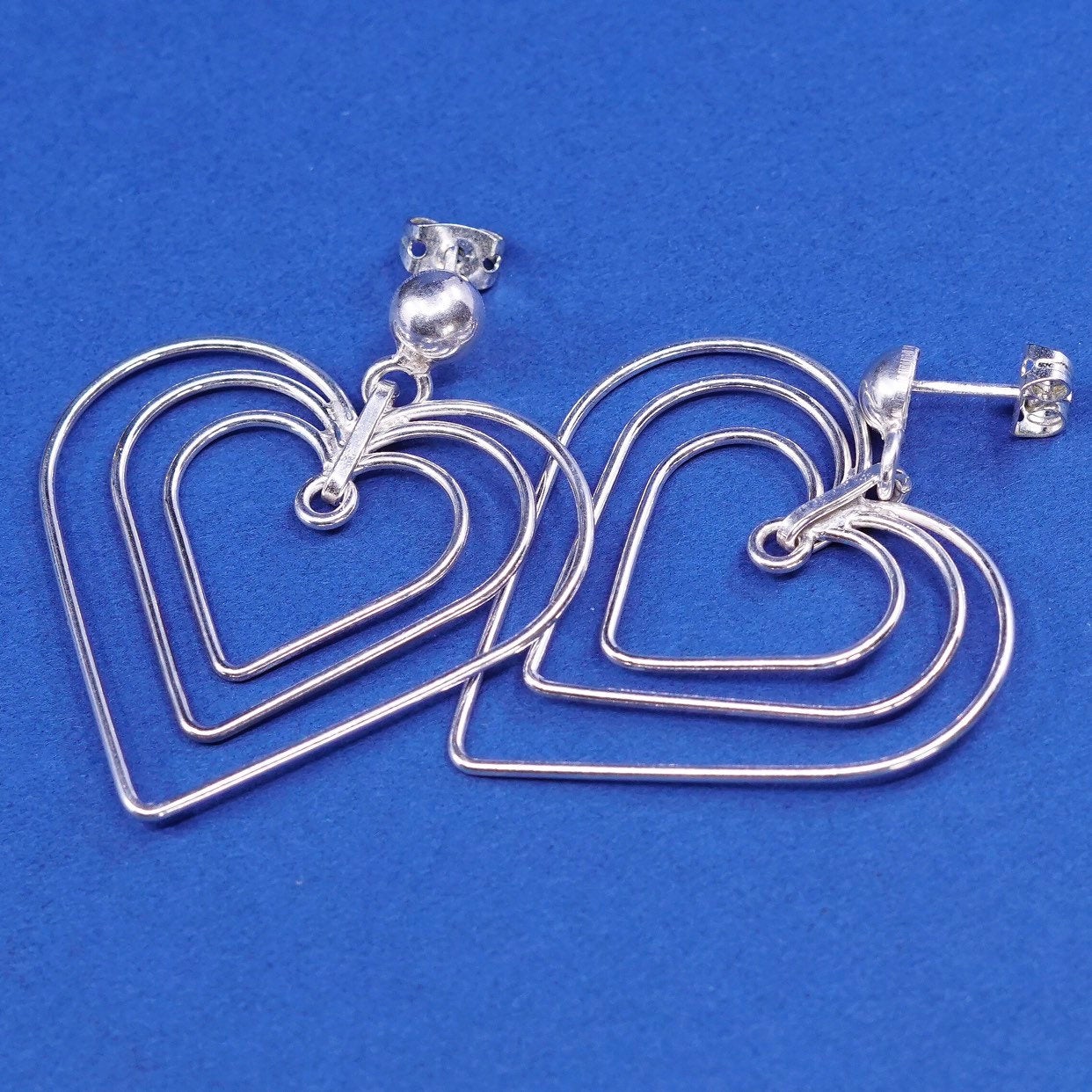 vtg Sterling silver handmade earrings, 925 Bali filigree heart drops