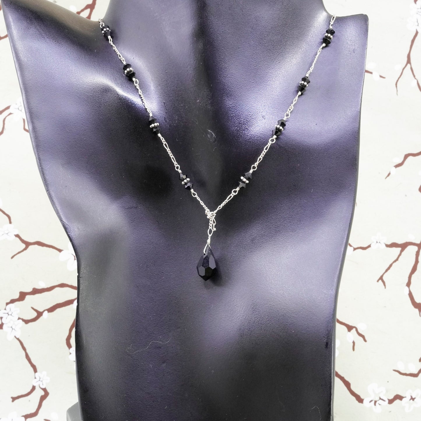 16+3”, sweater Sterling silver necklace, 925 figaro chain with obsidian beads