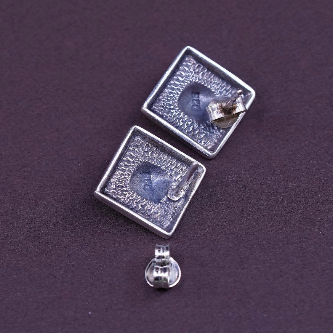 vtg Sterling silver handmade earrings, Mexico 925 square studs w/ marcasite