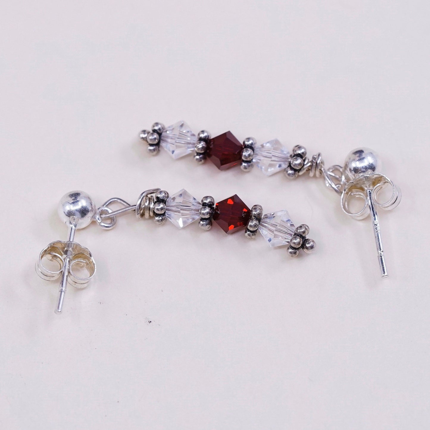 vtg Sterling silver handmade earrings, 925 w/ red Crystal beads, stamped 925