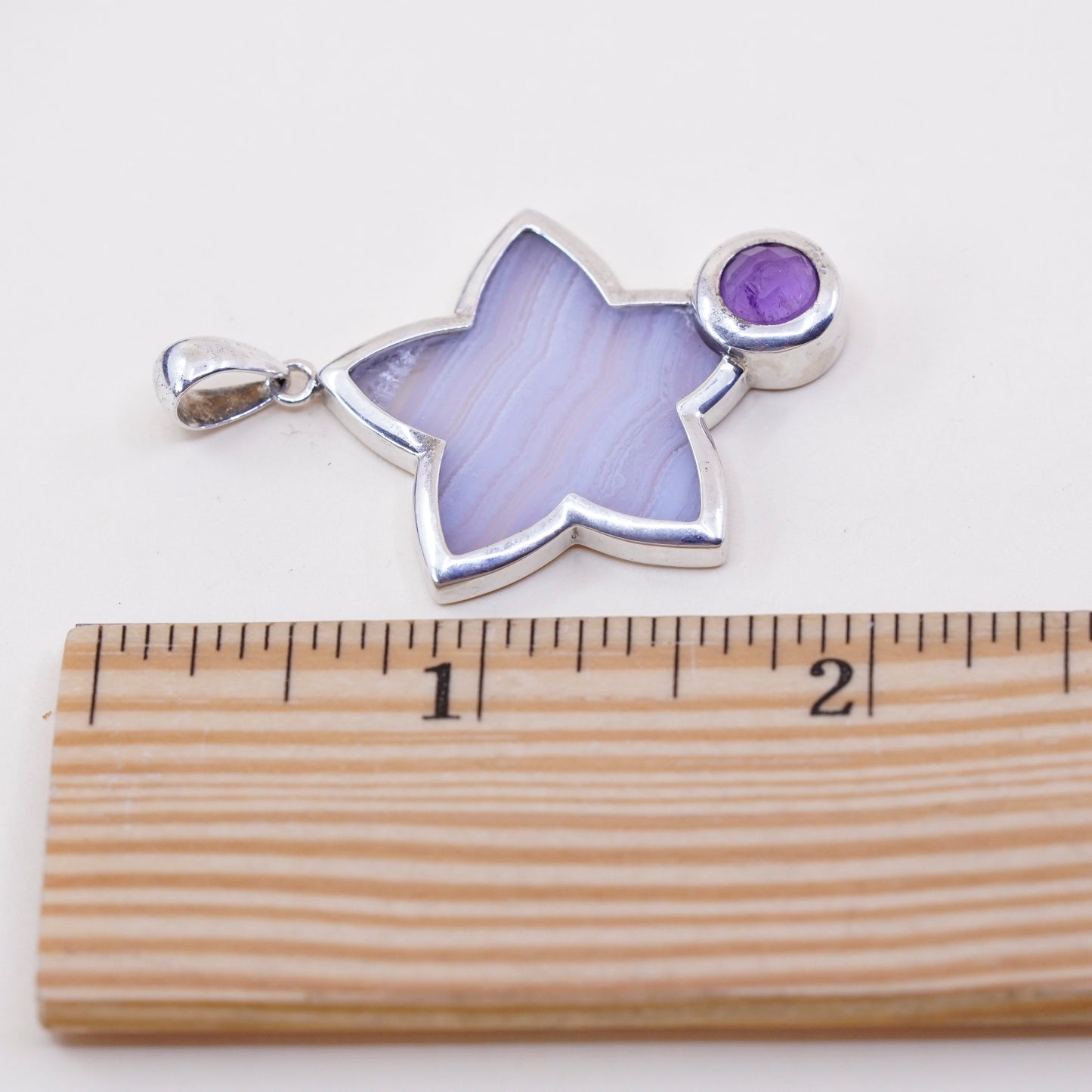 Vintage sterling 925 silver handmade pendant, with star lace agate and amethyst