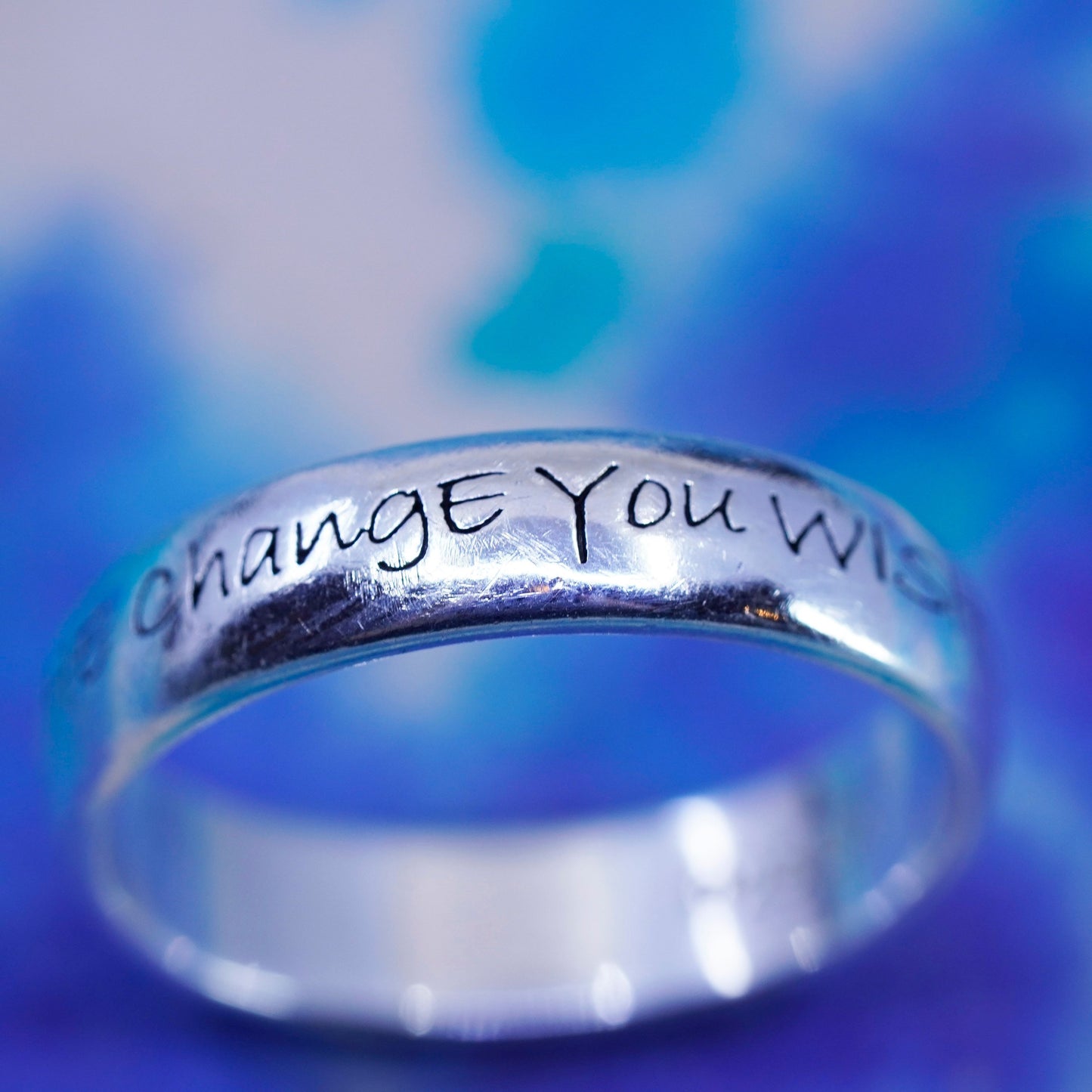 Size 7.25, Sterling silver ring, 925 stackable band "be change you want to see