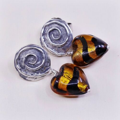 Vtg Unique handmade Sterling 925 Silver Swirl Earrings Heart Foiled Glass