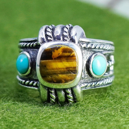 Size 7, sterling silver ring, band with golden tiger eye and turquoise beads