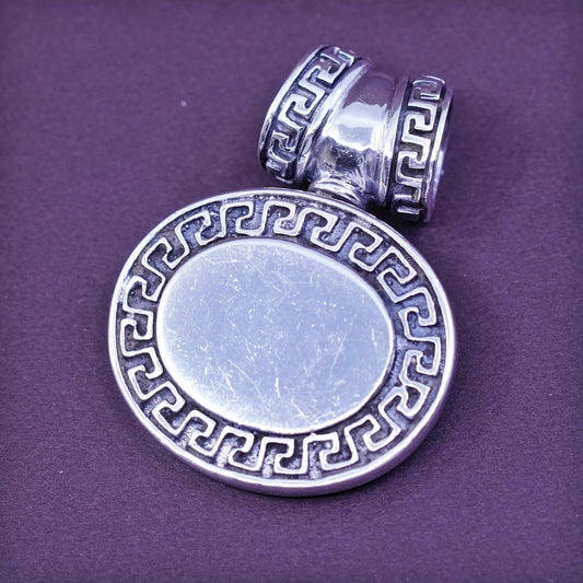 Vintage sterling silver handmade pendant, 925 oval blank pendant with Greek key