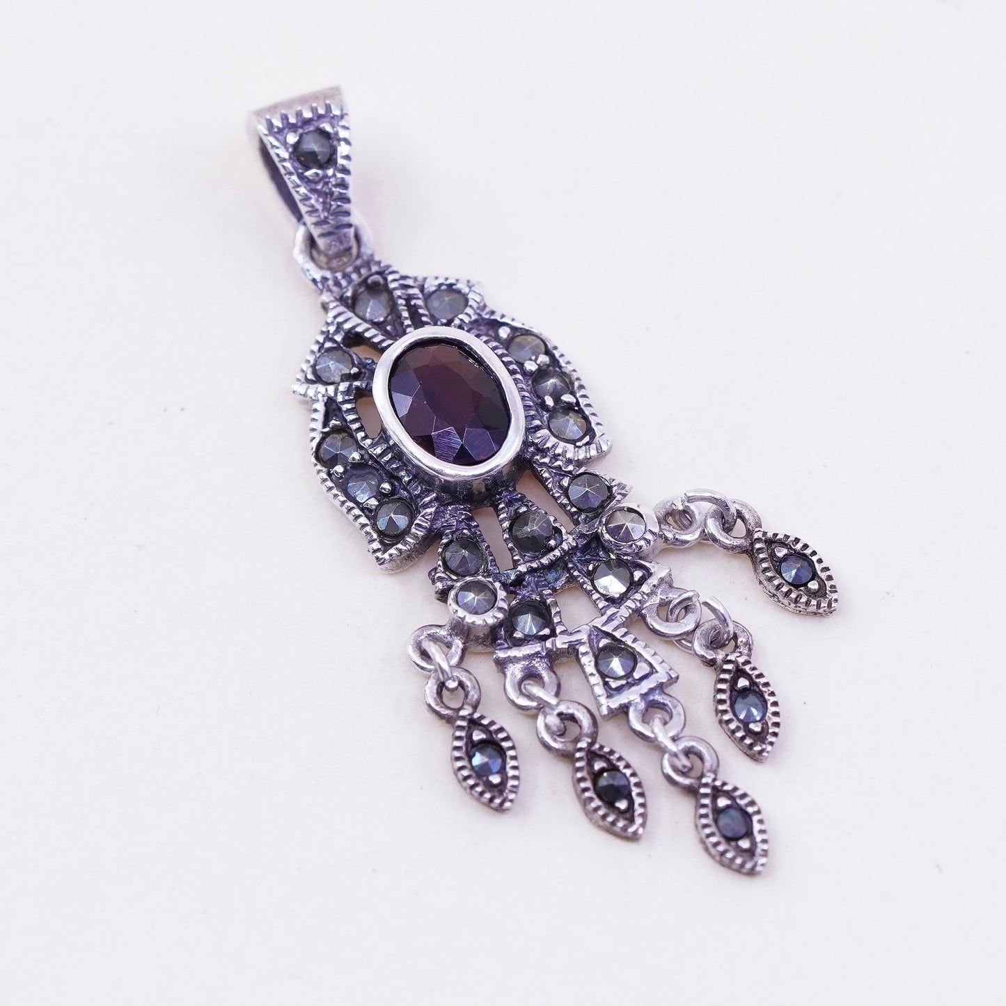Vintage Sterling 925 silver handmade pendant with ruby and marcasite