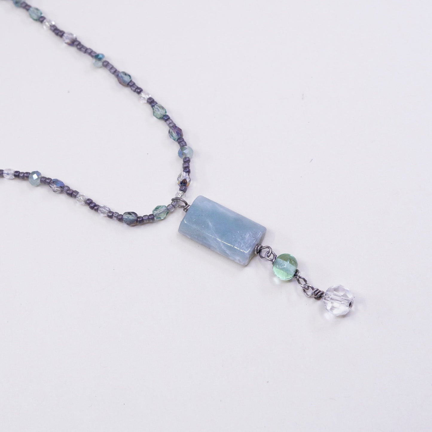 18”, Sterling 925 silver necklace, Crystal bead chain with jade pendant