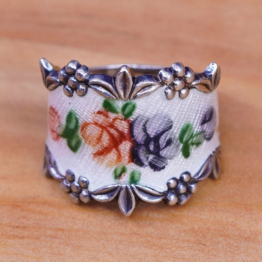 Size 7, Vintage Sterling silver handmade ring, 925 band with enamel flower