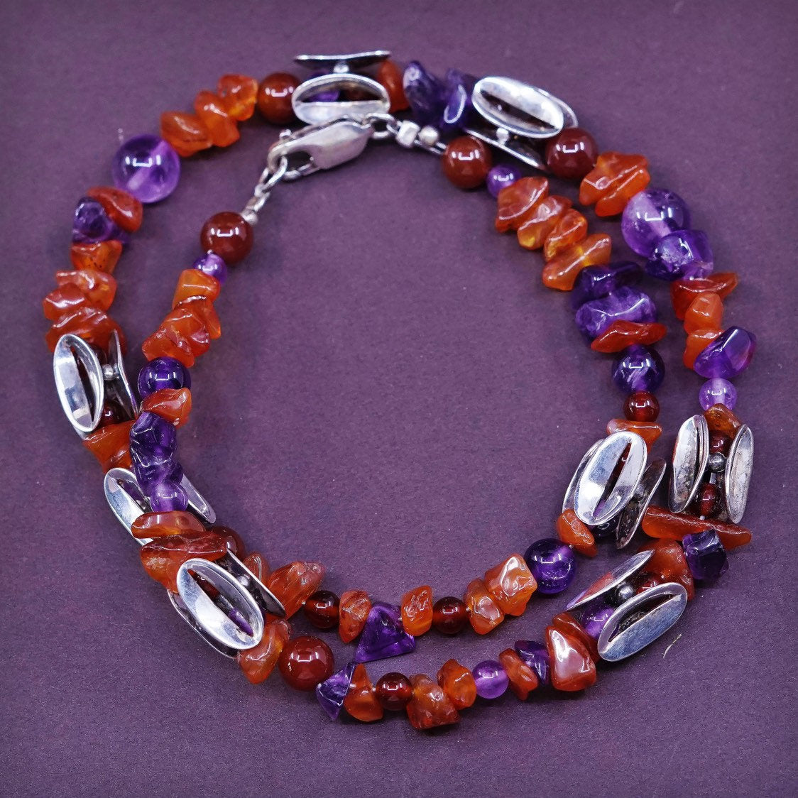 17", Sterling silver handmade necklace, 925 bead w/ Carnelian N amethyst