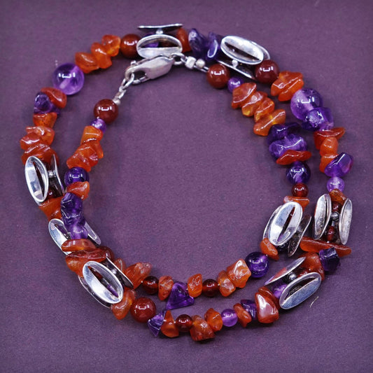 17", Sterling silver handmade necklace, 925 bead w/ Carnelian N amethyst