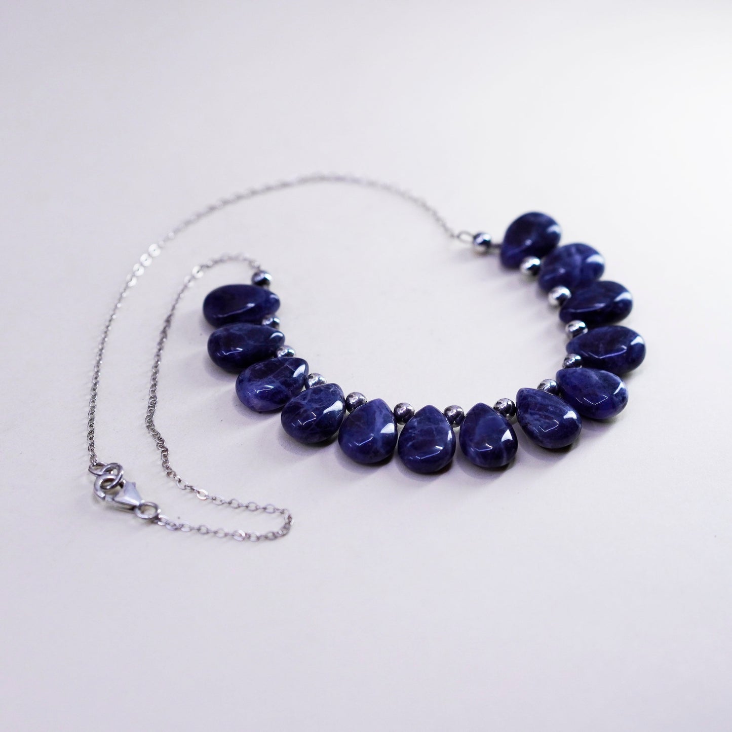 16”, sterling silver 925 necklace, circle chain with teardrop sodalite pendant