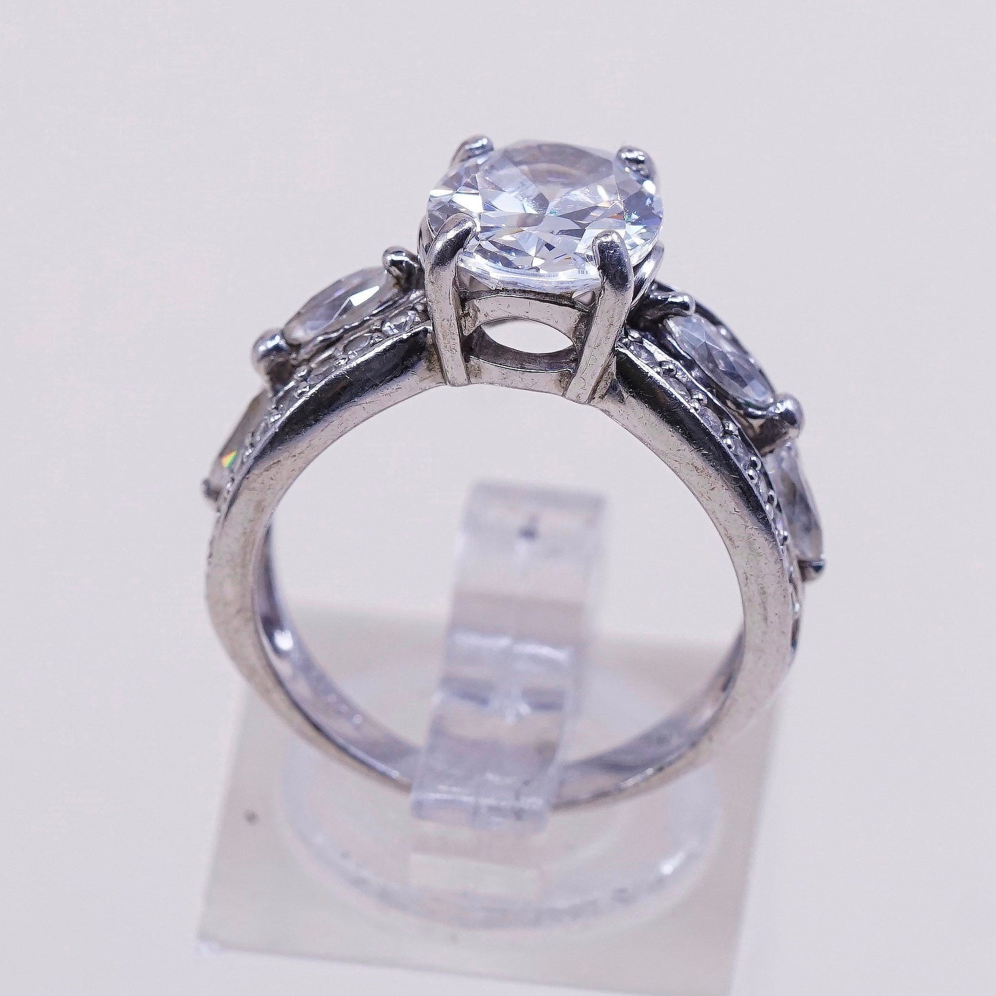 sz 6.26, vtg WQ Sterling silver engagement ring w/ oval CZ n cluster Cz