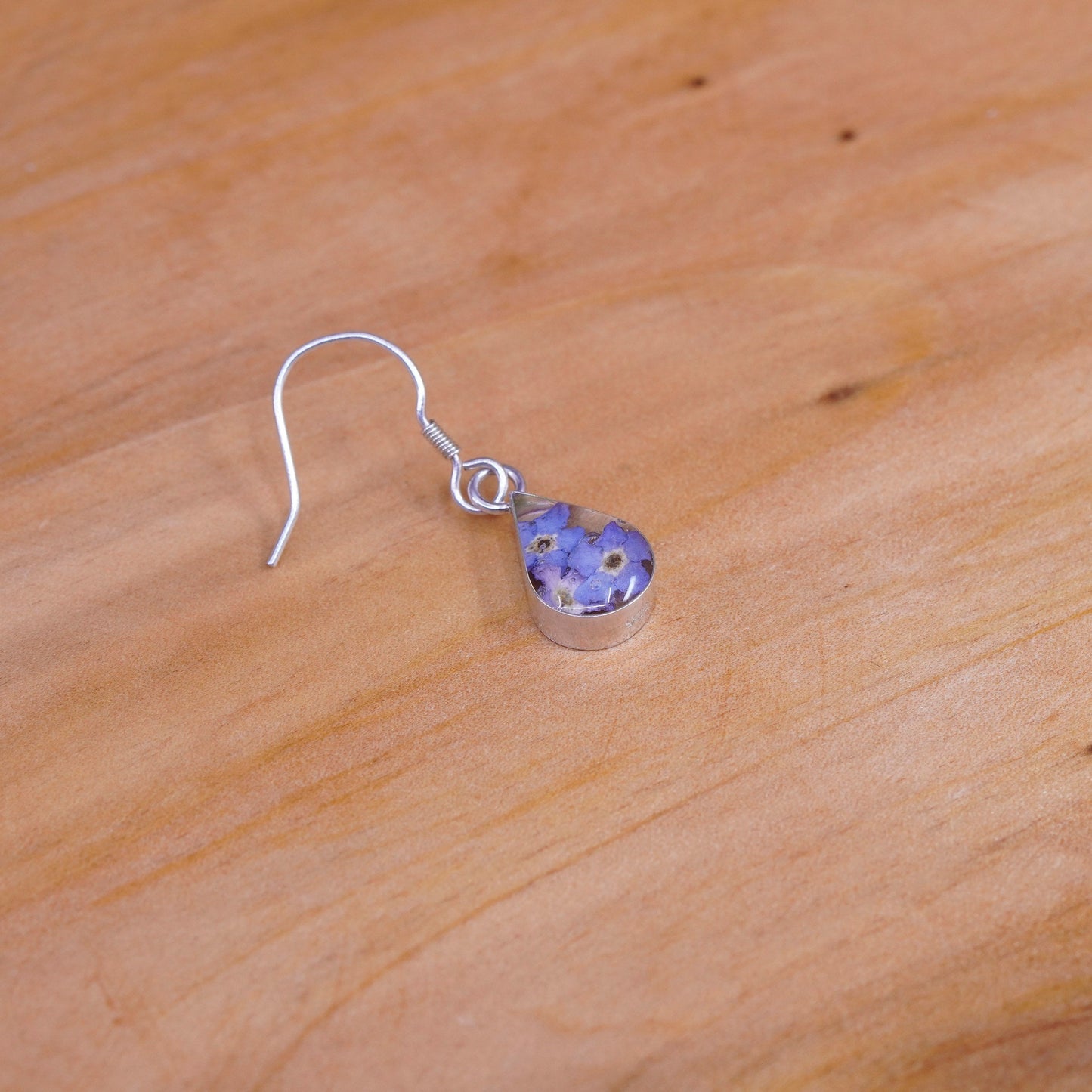 Vintage Sterling 925 silver handmade teardrop earrings with purple resin flower