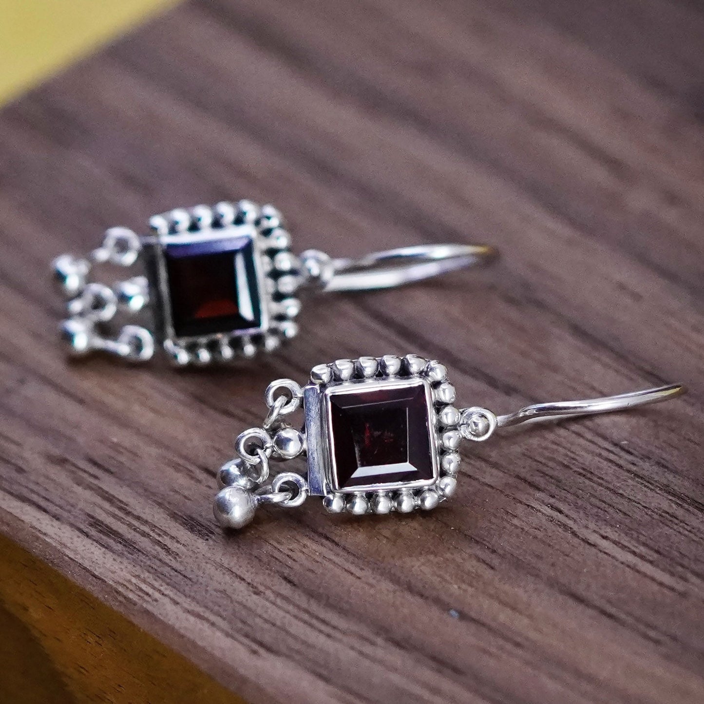 Vintage Sterling 925 silver handmade earrings with square ruby and beads