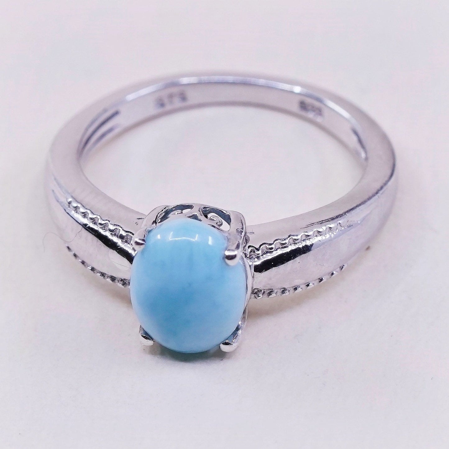 sz 7.25, vtg STS Sterling silver handmade ring, 925 with oval Larimar