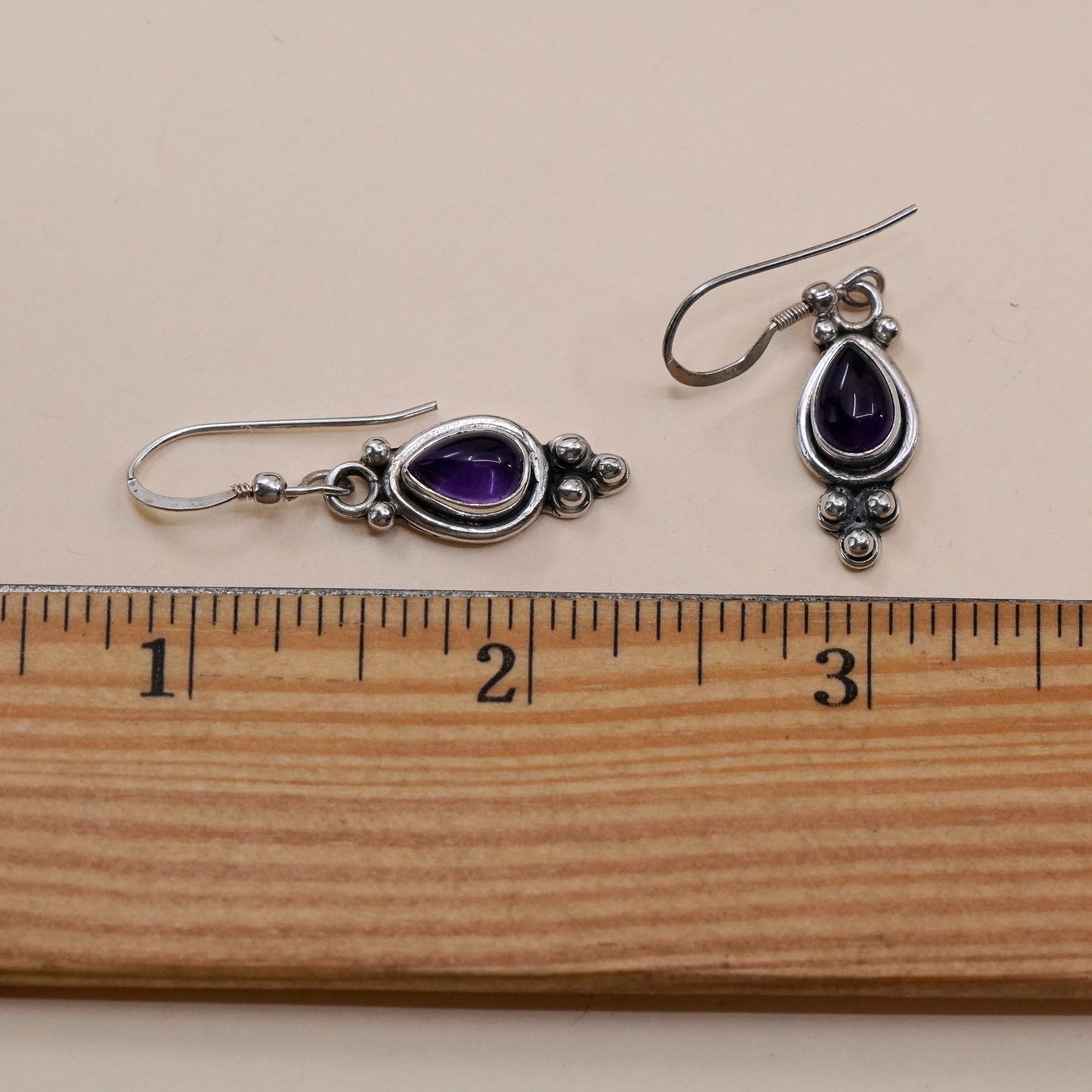 Vintage sterling 925 silver handmade earrings with teardrop amethyst and beads