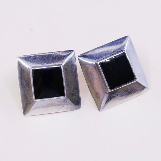 vtg Sterling silver handmade earrings, Modern 925 stud w/ square obsidian