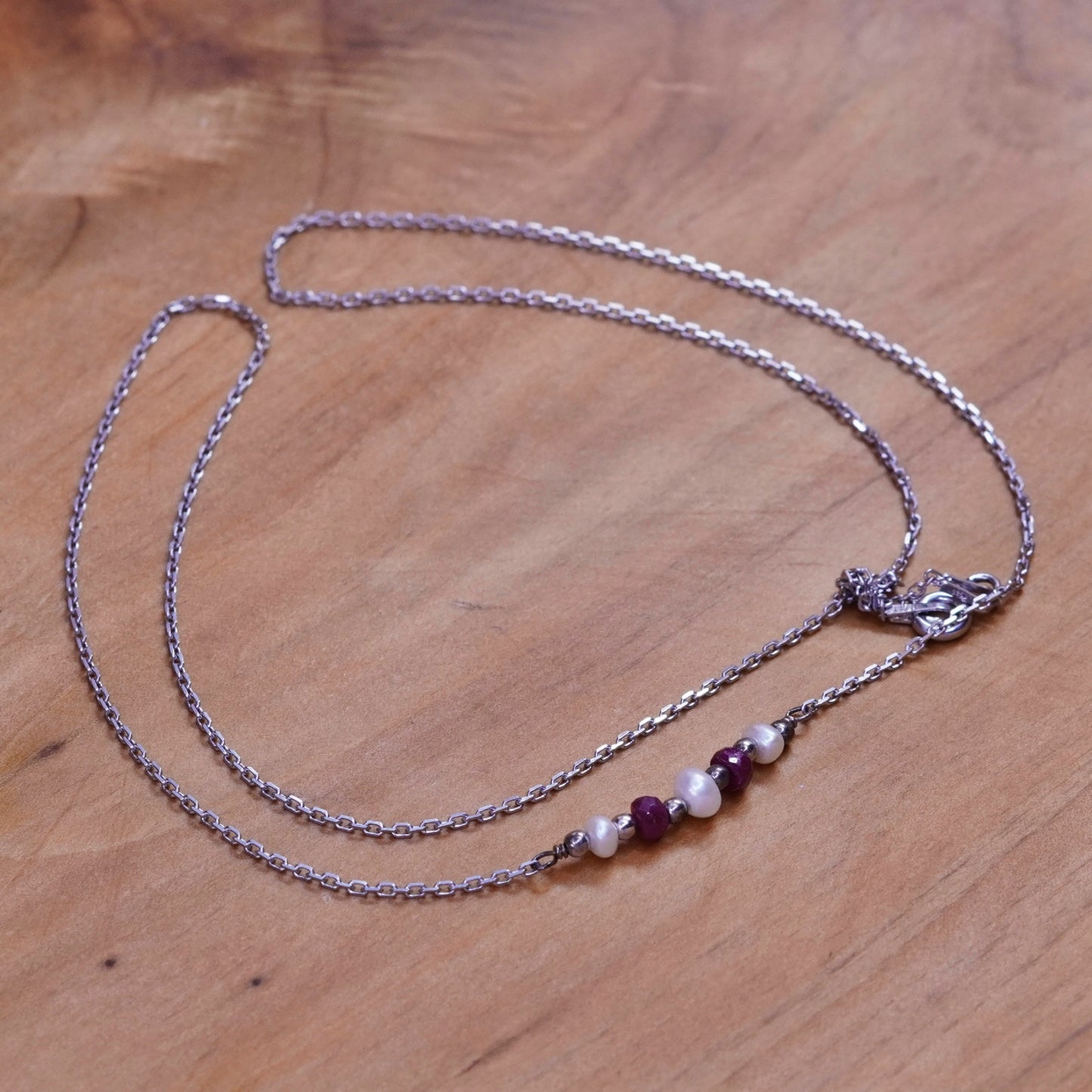 18”, sterling silver handmade necklace, 925 circle chain w/ pearl ruby pendant