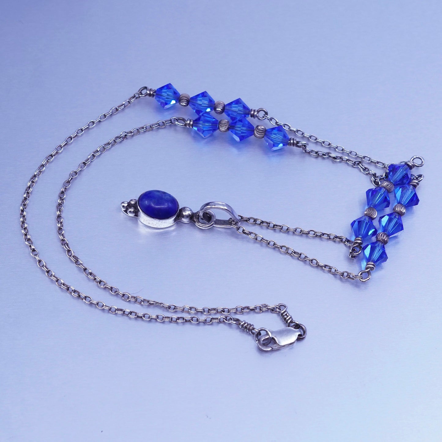 20”, Sterling 925 silver handmade double circle necklace lapis lazuli Crystal