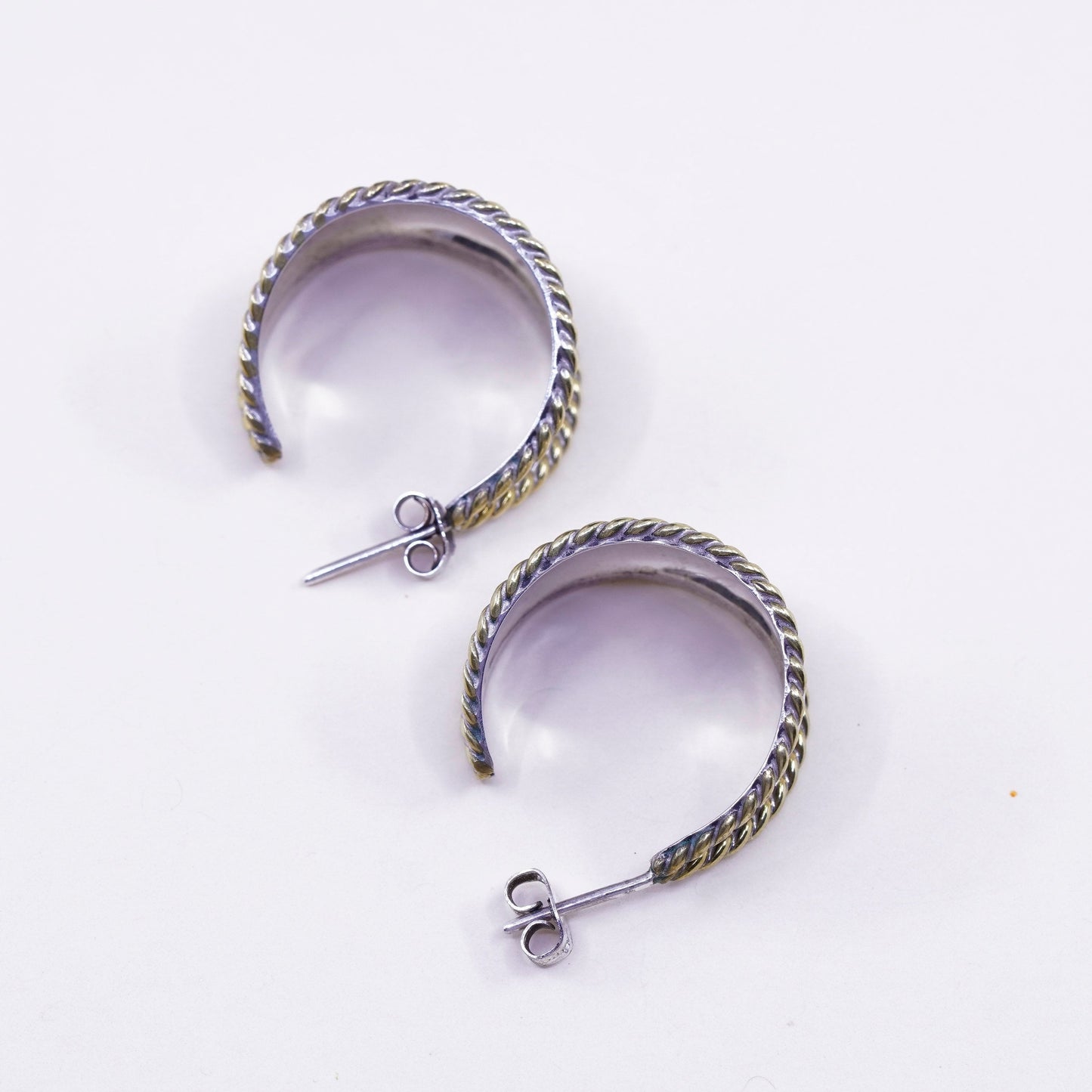 1”, two tone Sterling silver handmade earrings, 925 Huggie hoops brass cable