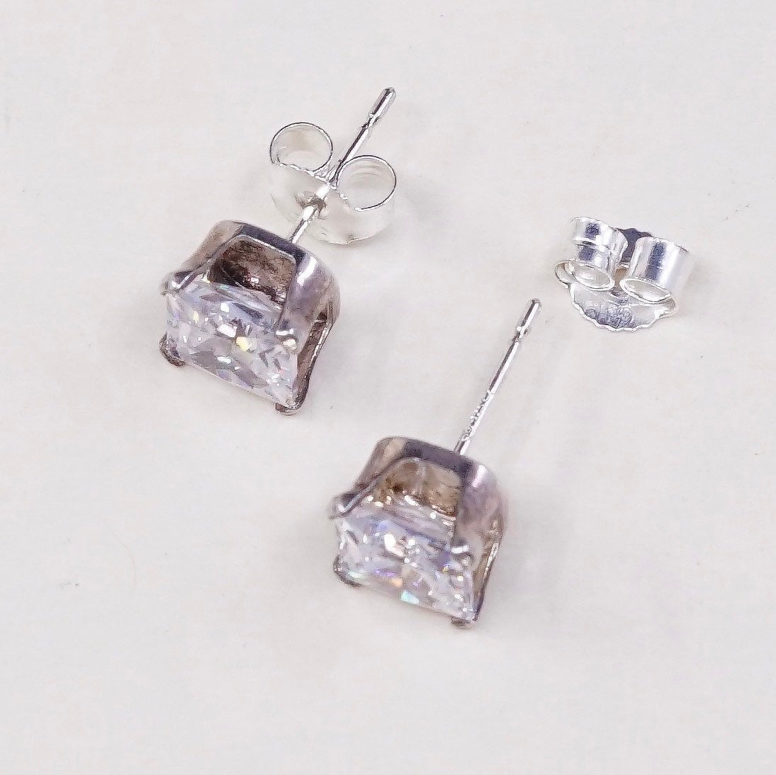 vtg sterling silver square clear CZ studs, fashion minimalist earrings