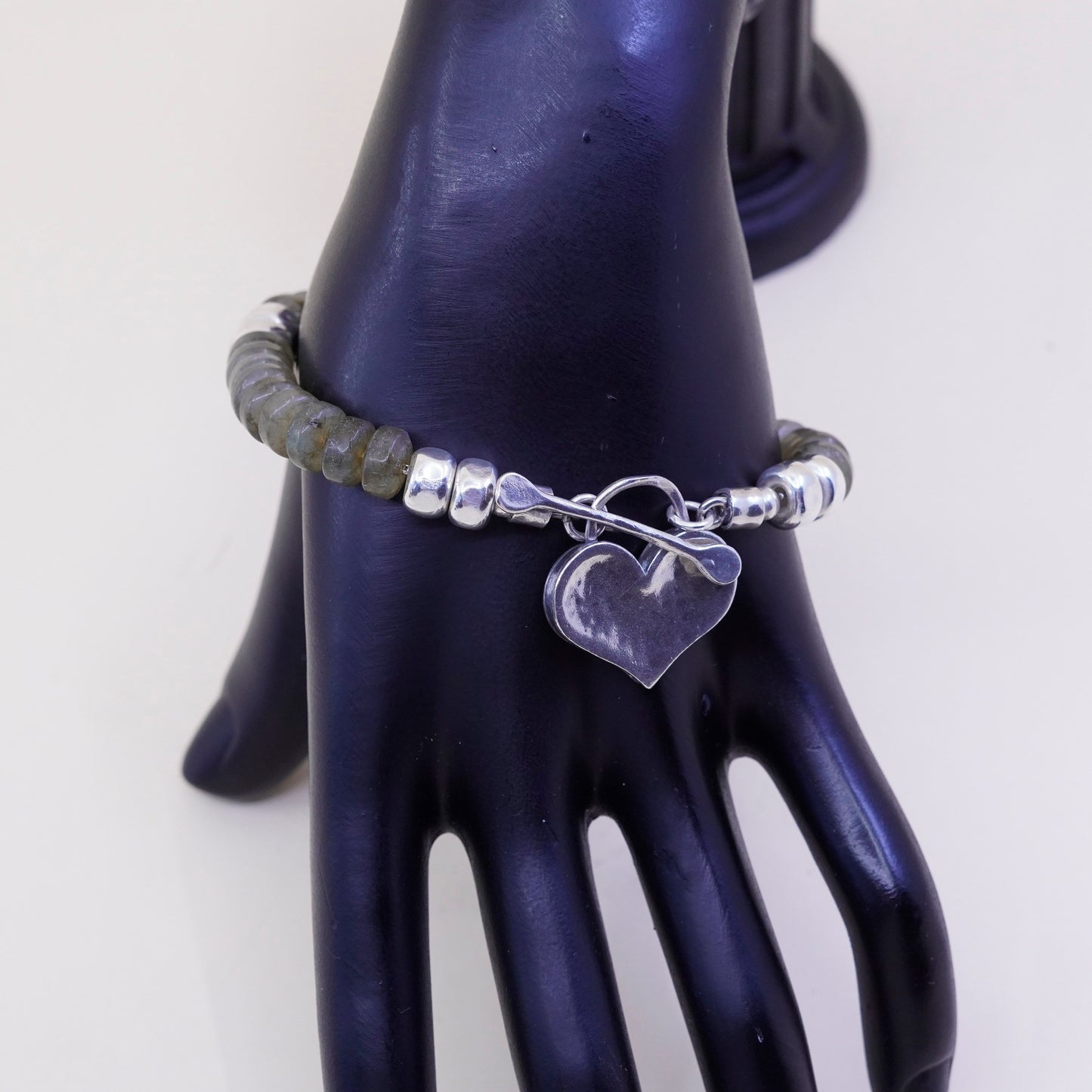 7”, Israel Shablool Didae sterling 925 silver bracelet labradorite beads heart