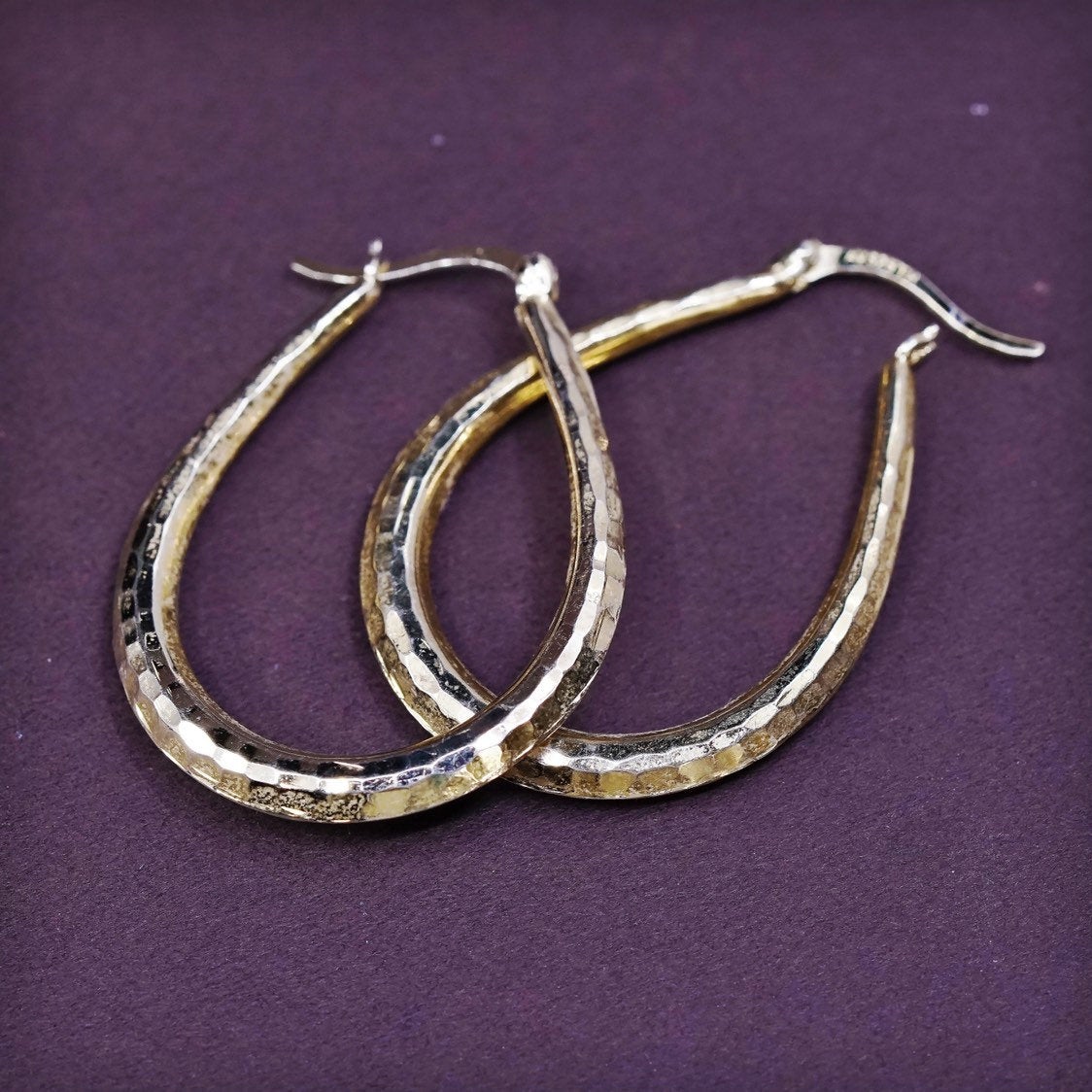 1.5", vtg vermeil gold over Sterling silver hoops, 925 textured earrings