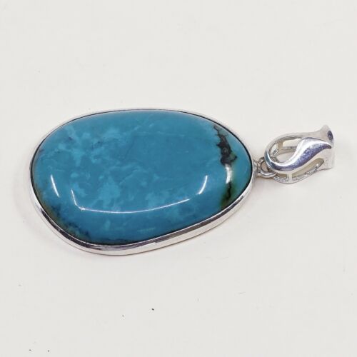 Vtg Sterling Silver Handmade Pendant W/ Huge Oval Shaped Turquoise, Stamped 925