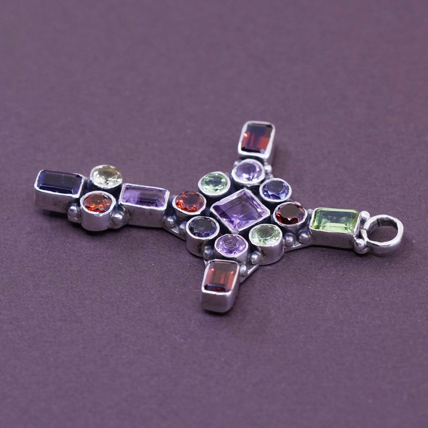 Vintage Sterling 925 silver cross pendant with amethyst, ruby, peridot, citrine