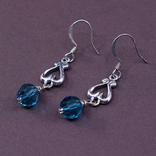 VTG Sterling silver Handmade earrings, 925 Bali dangle W/ blue crystal