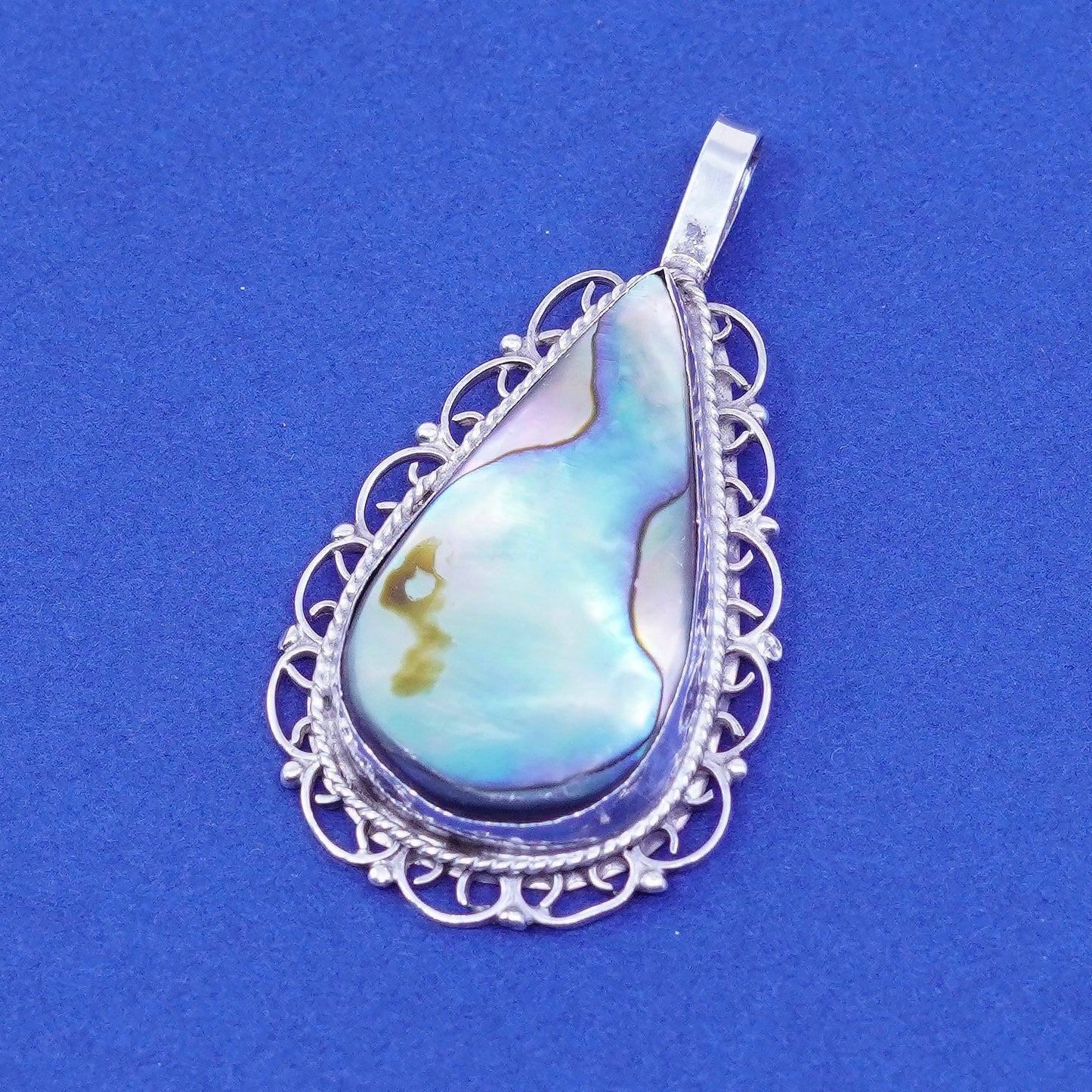 Vintage Sterling silver handmade pendant, 925 teardrop with abalone inlay