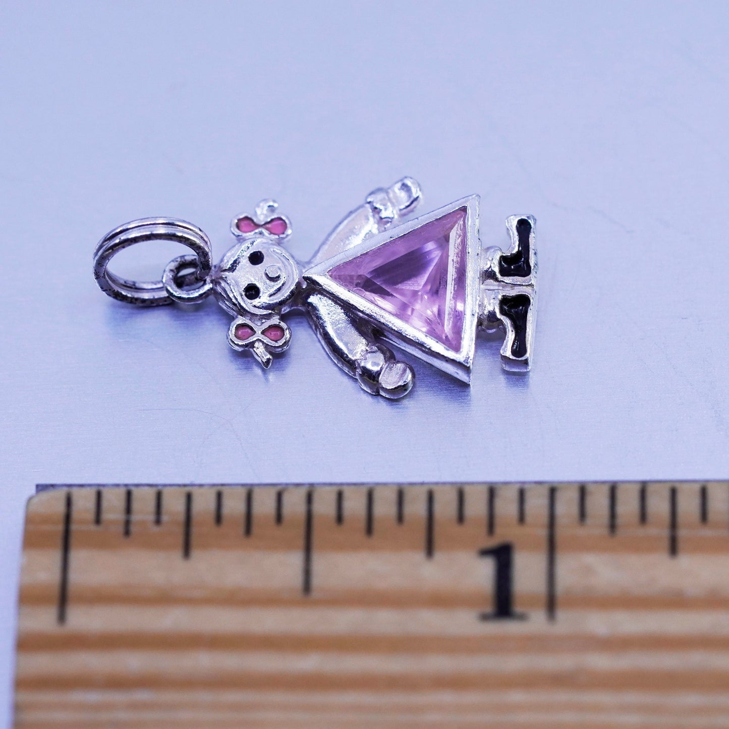 Antique Sterling silver handmade charm, 925 birthstone pink crystal dress