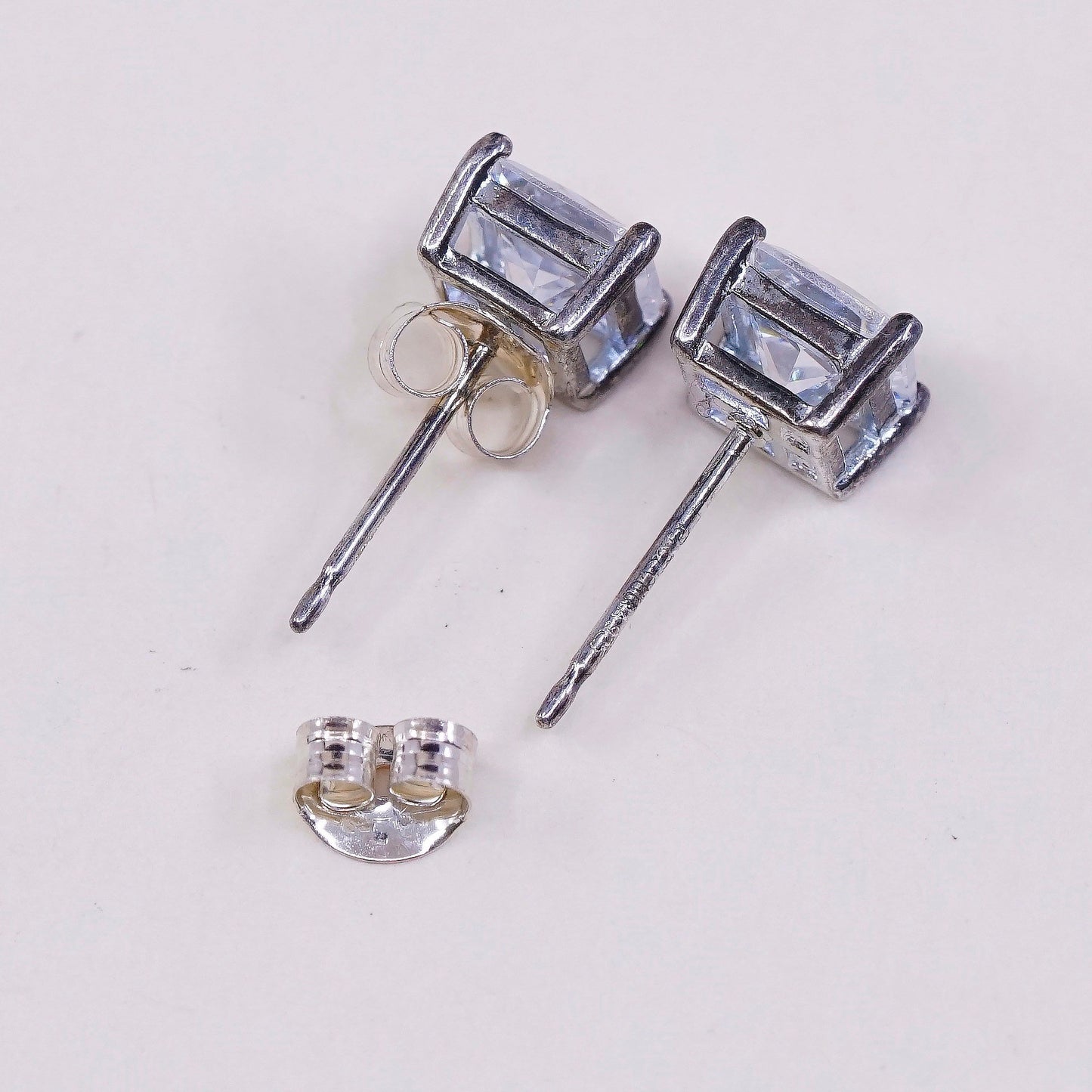 vtg sterling silver square clear CZ studs, fashion minimalist earrings